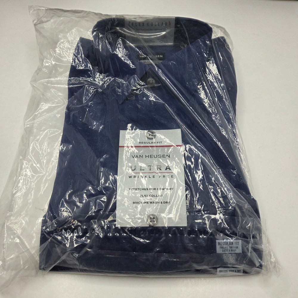 Van Heusen Dress Shirt Ultra Wrinkle Free 15-15.5 M 34/35 Navy Blue Flex Collar